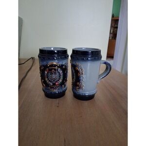 Handarbeit Hand Painted German 2  Mugs Stein Tankard No Lid Mini 5" Tall Germany